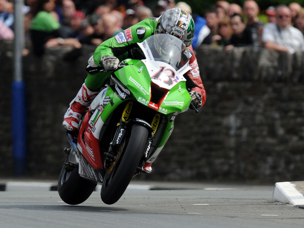 James Hillier, Bournemouth Kawasaki, in action at St Ninian's crossroads during the Superbike race at the 2012 Isle of Man TT